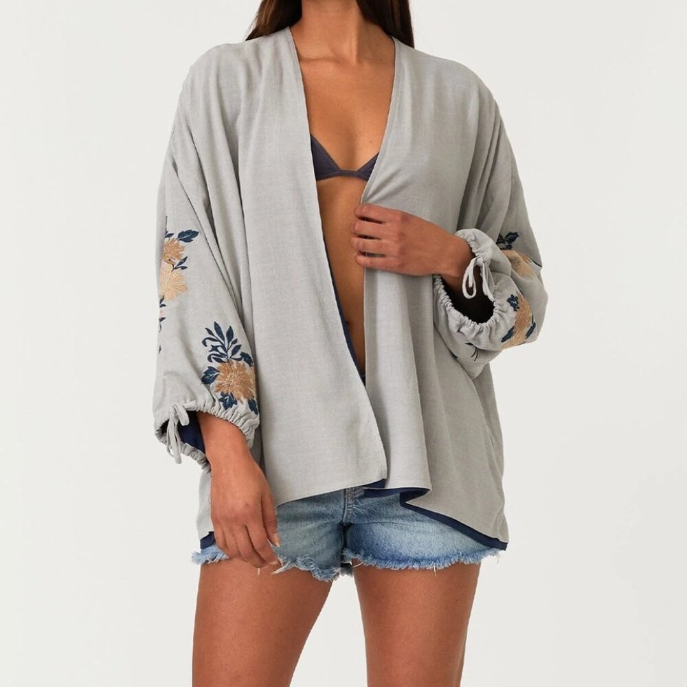 Lovestitch Linen Carmel Kimono Top Embroidered Flowy Navy Grey Cardigan Cover Up - Picture 6 of 7